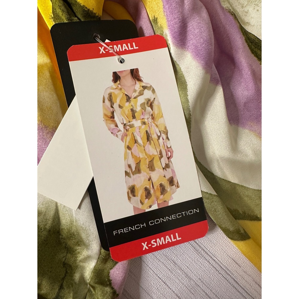 French Connection Long Shirt Dress XS Multicolor Abstract Floral Midi Belted NEW